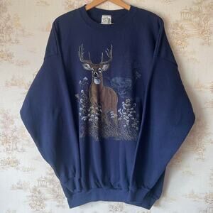 Vintage 00s Deer Graphic Sweatshirt | Navy Cabincore Animal Print | 3XL